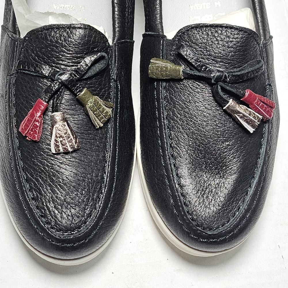 Vitaform Black Leather Tassel Loafers Slip On Low Wedge Shoes Womens 7.5/38 NEW - Picture 2 of 13